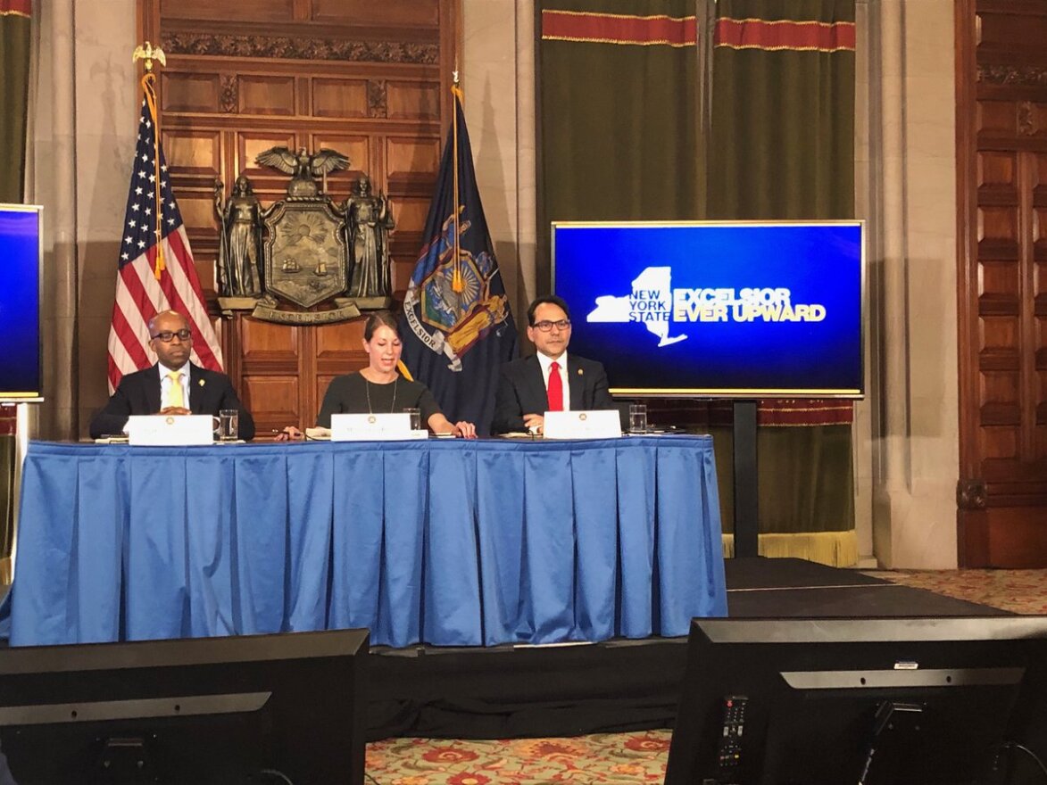 From left, Gov. Andrew Cuomo's counsel Alphonso David, Chief of Staff Melissa DeRosa and Budget Director Robert Mujica give a briefing Wednesday on the potential impacts of President Donald Trump's budget plan. 